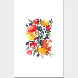 Watercolor Flowers, Red and Yellow Bouquet Illustration Posters and Art